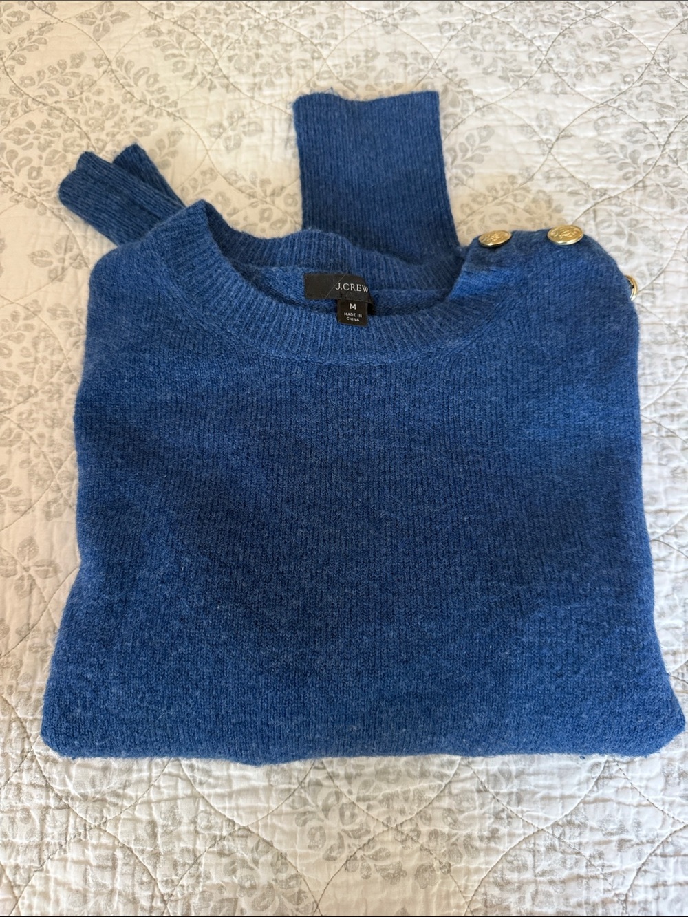 J. Crew Women's Blue Crewneck Sweater with Gold Shoulder Buttons